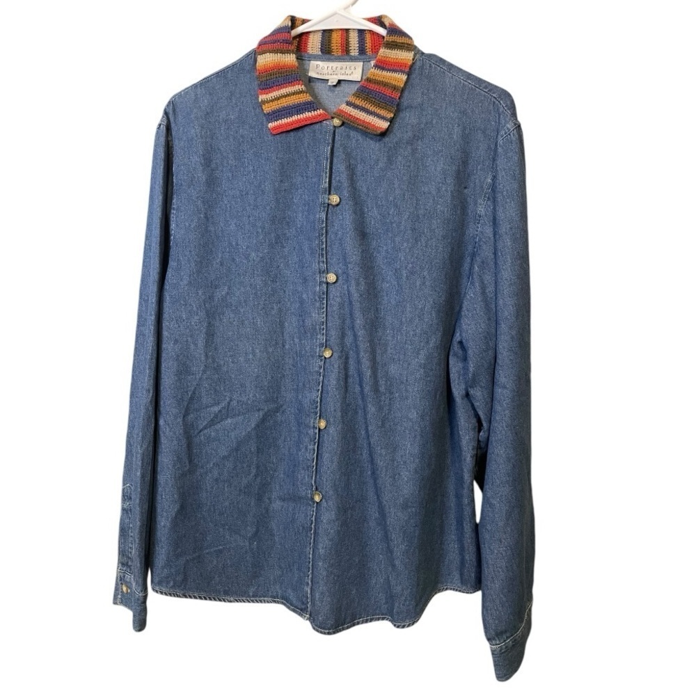 1980s HIPSTER Denim Jean Jacket Blouse Colorful Embroidered Collar Denim Size 18 - Picture 2 of 6